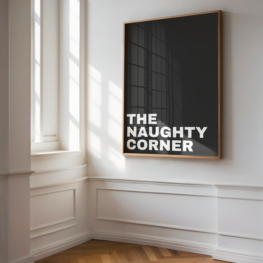 THE NAUGHTY CORNER white on black